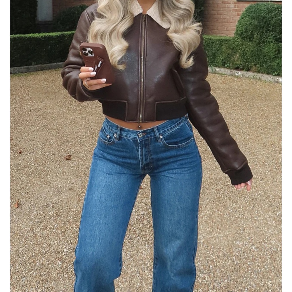 Brown Leather Bomber Jacket with Stand-Up Collar